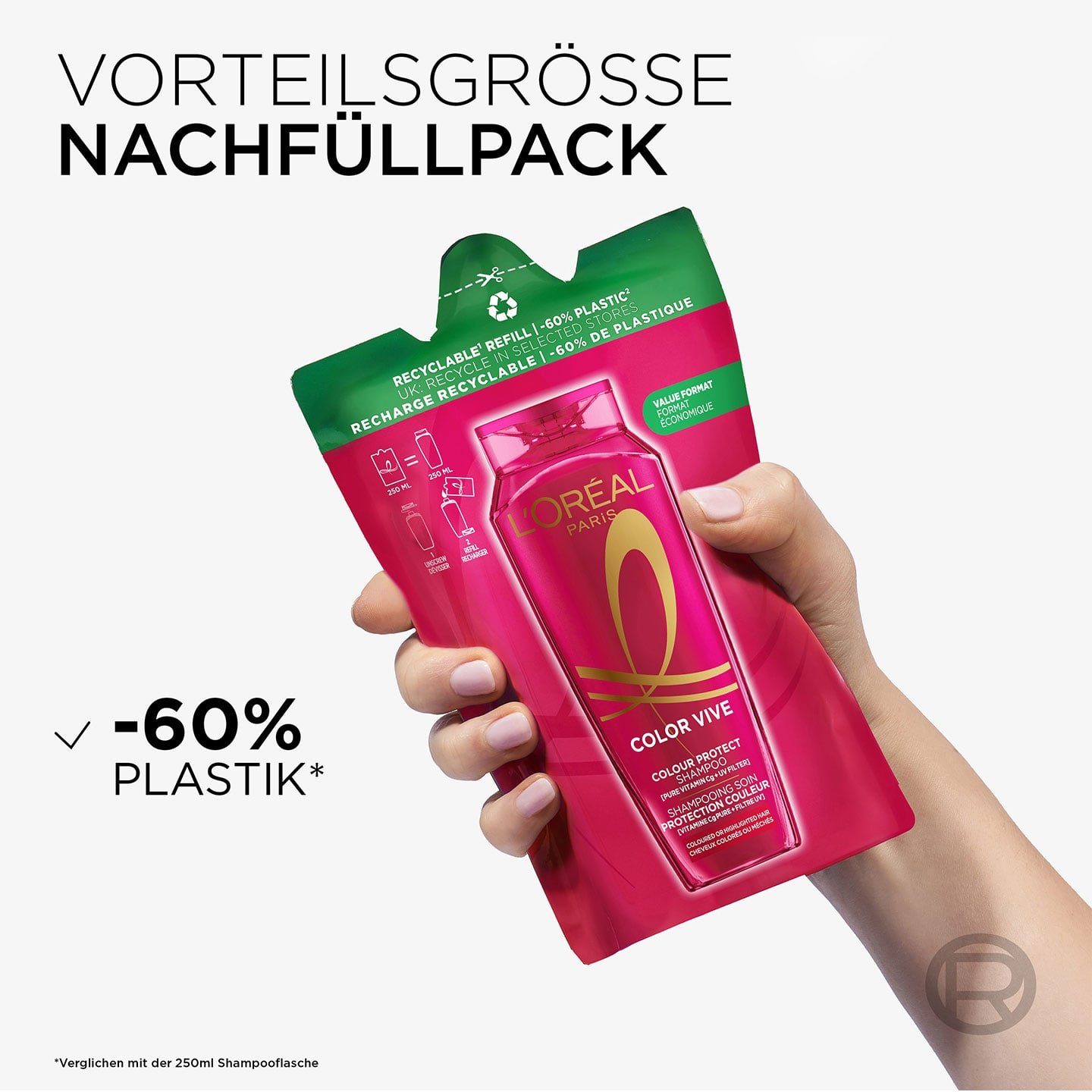 Text: Vorteilsgrösse Nachfüllpack -60% Plastik; daneben Produkt von einer Hand gehalten